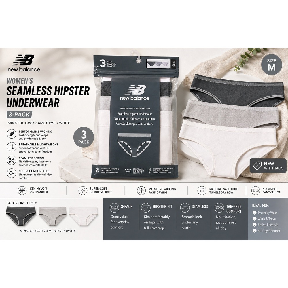 New Balance Womens Seamless Hipster Underwear 3-Pack Grey Amethyst White